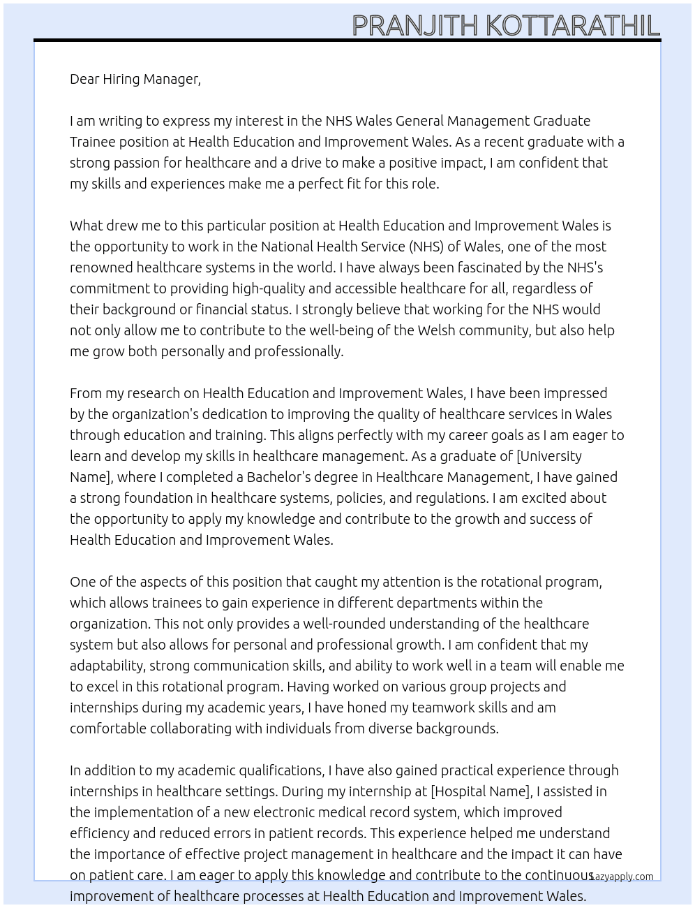 Cover letter for nhs wales general management graduate trainee - LazyApply