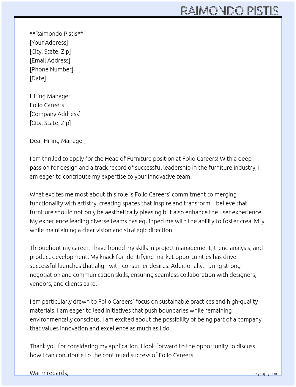 head of furniture At Folio careers Cover Letter