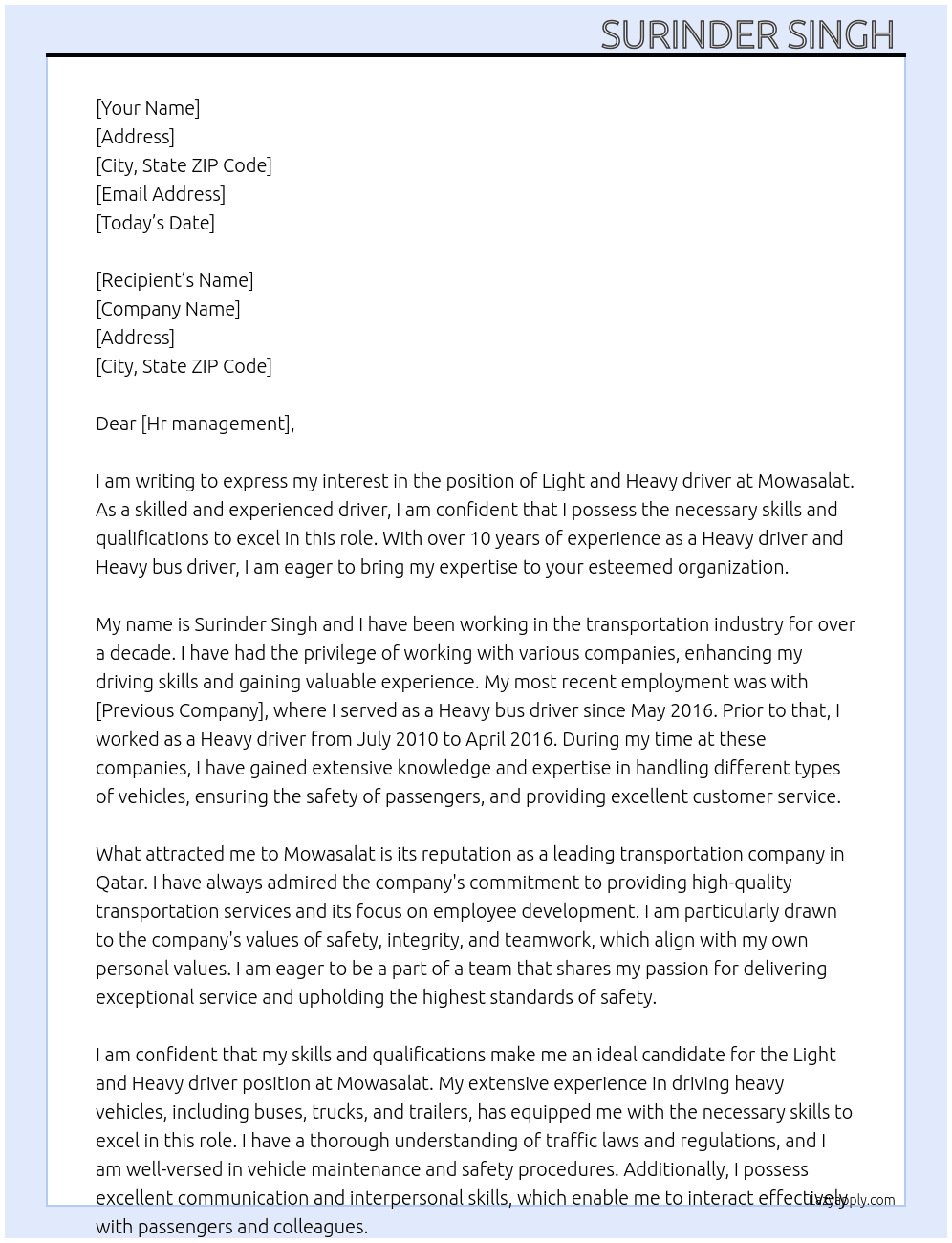 Light and Heavy driver  At Mowasalat  Cover Letter