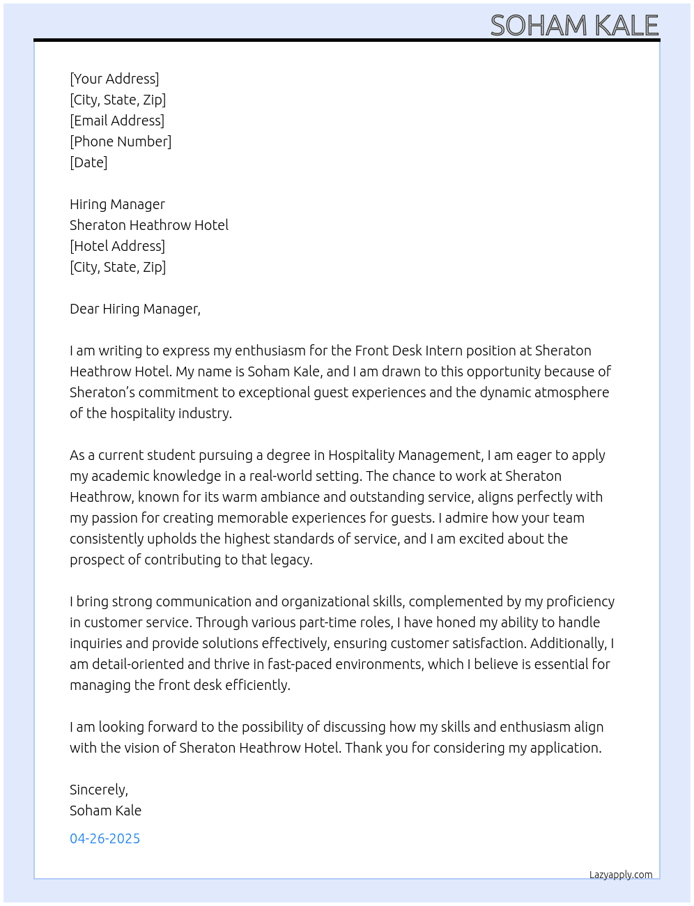 Cover letter for front desk intern - LazyApply