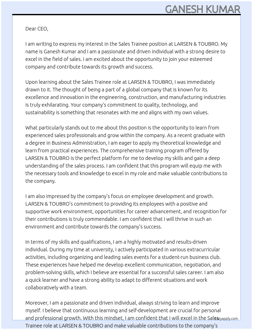 Sales trainee At LARSEN & TOUBRO Cover Letter