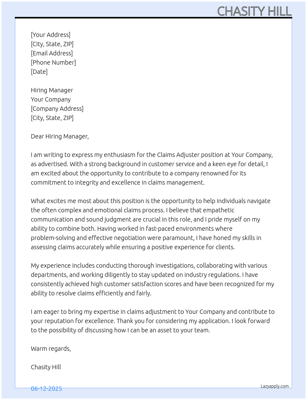 Claims Adjuster At Your Company Cover Letter