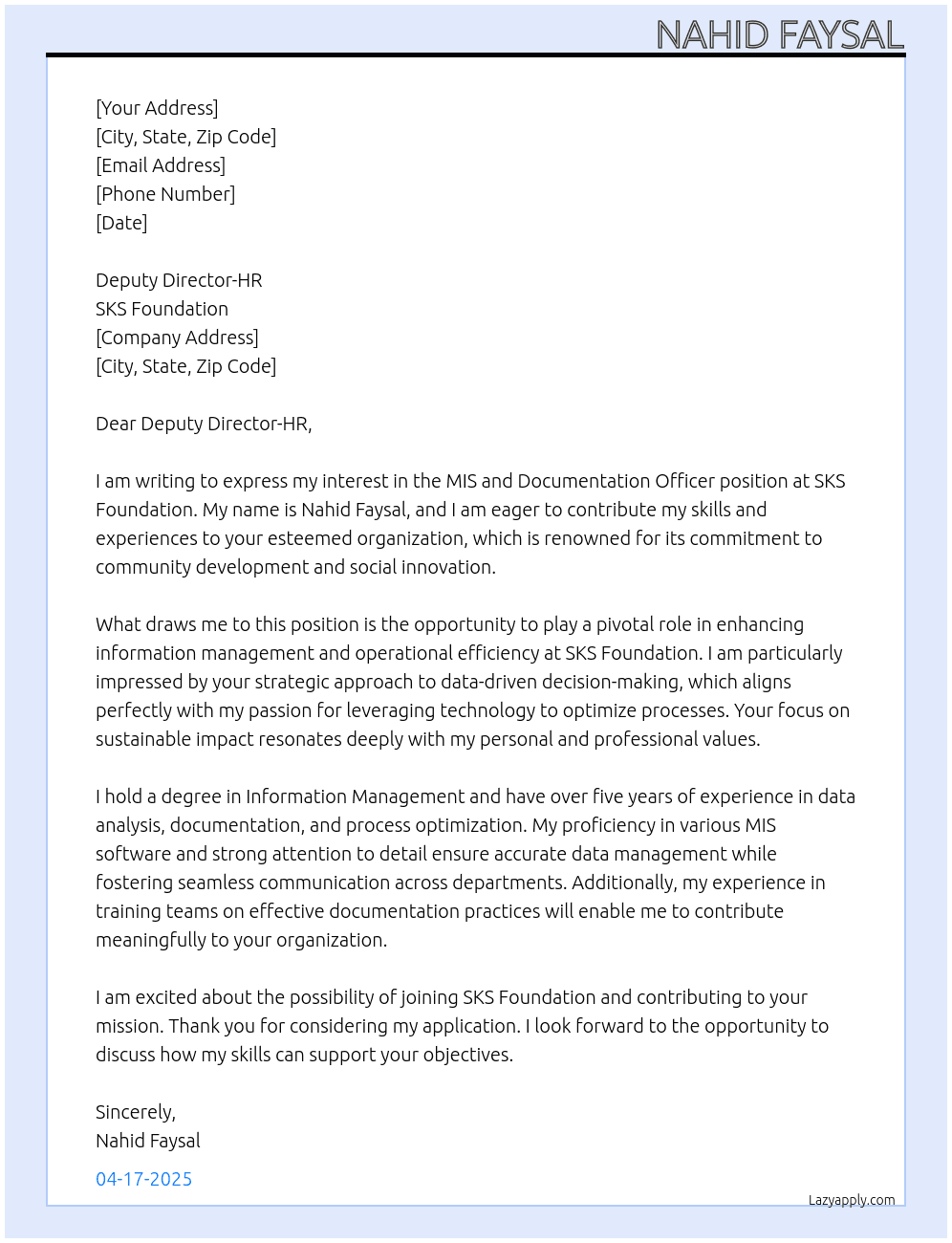 Cover letter for mis and documentation officer - LazyApply