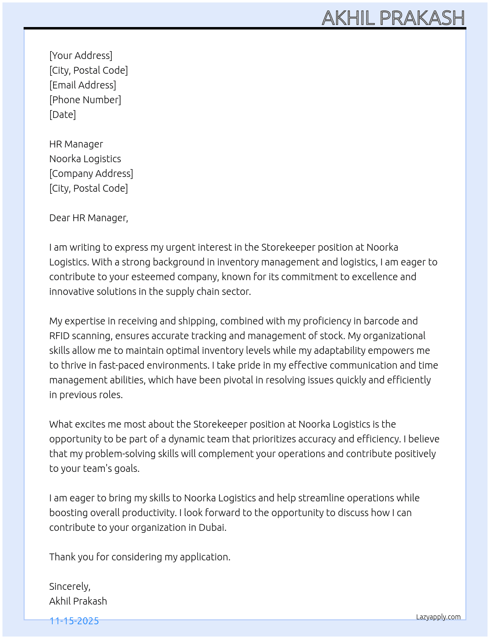 Storekeeper  At Noorka Logistics  Cover Letter