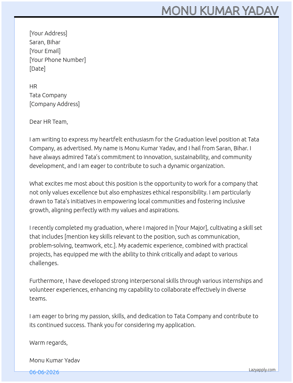 Graduation level At Tata company Cover Letter