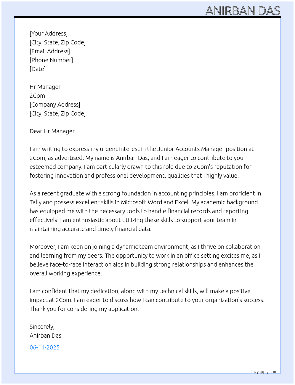 Cover letter for junior accounts manager - LazyApply
