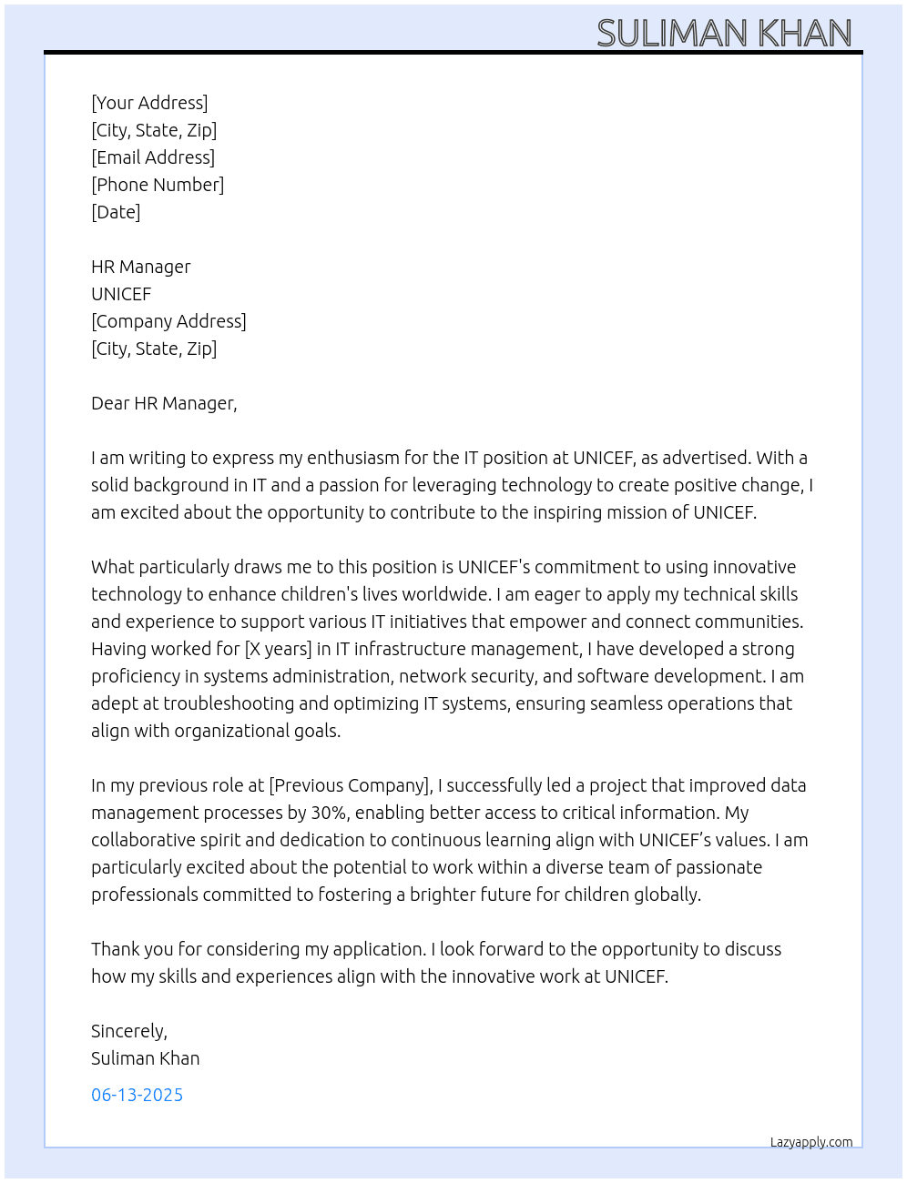 IT  At UNICEF  Cover Letter