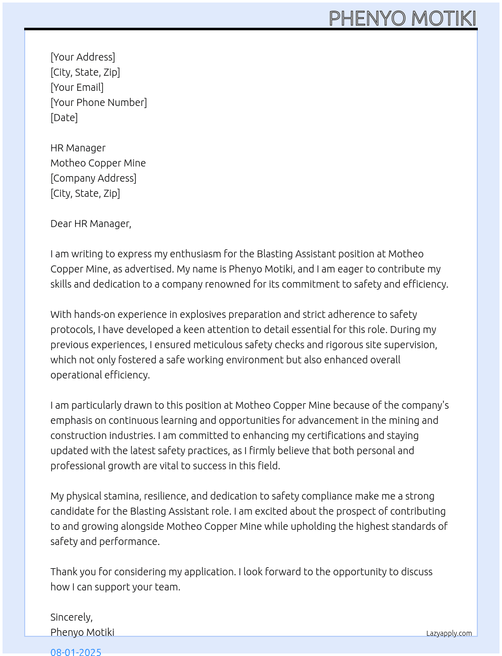 Blasting Assistant At Motheo Copper Mine Cover Letter