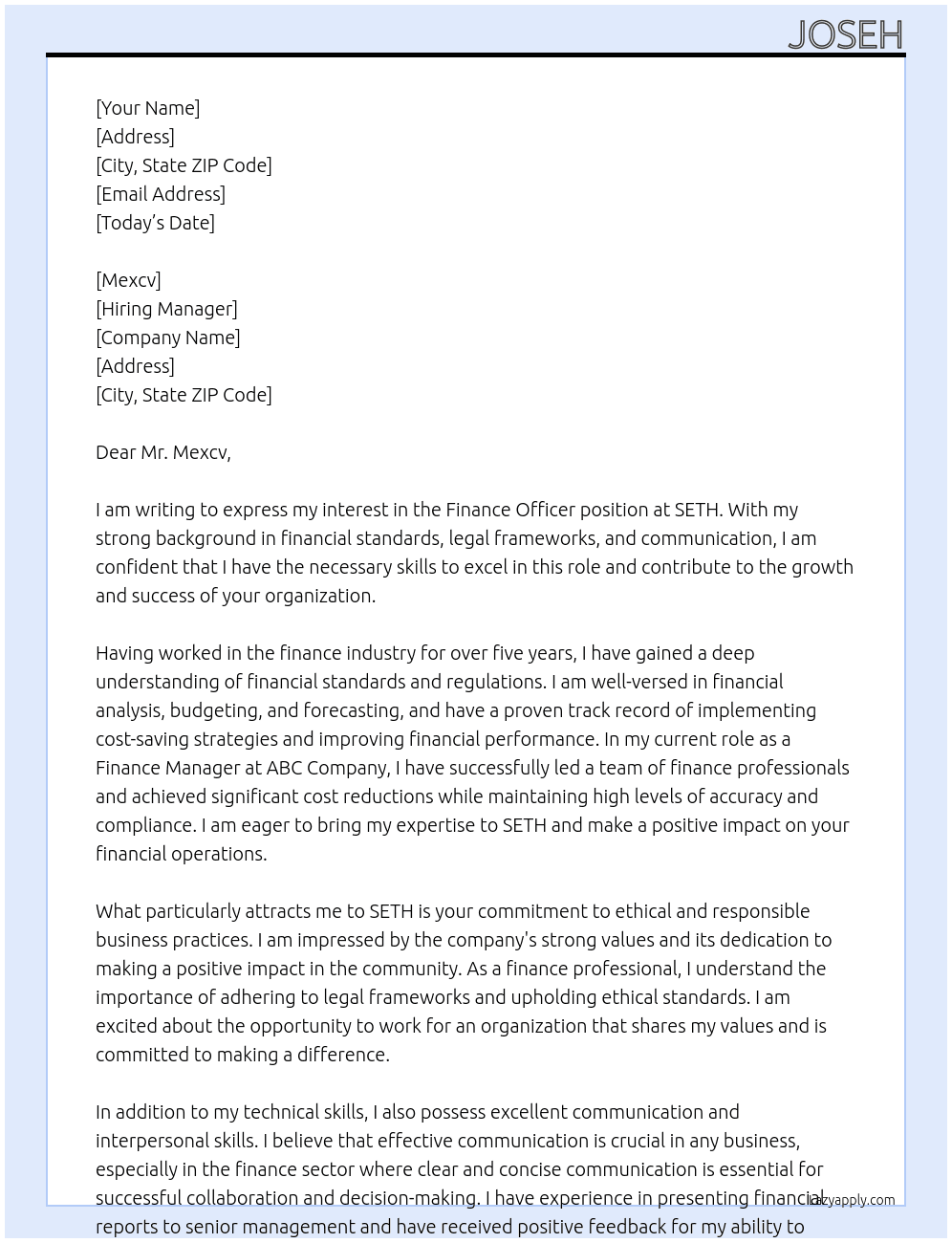 Finance Officer At SETH Cover Letter