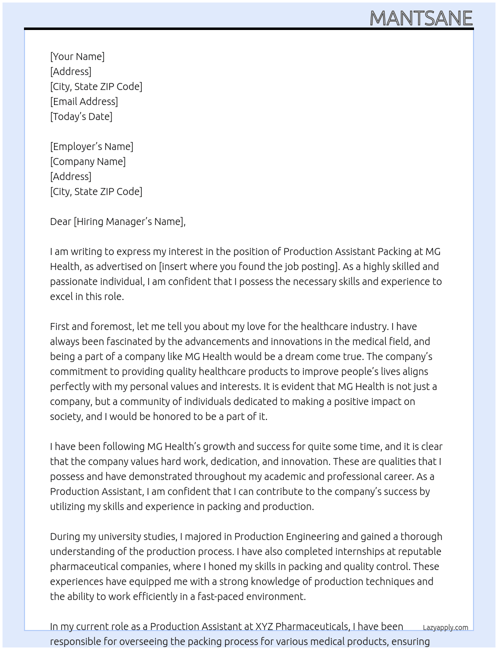 Production assistant packing At MG Health Cover Letter