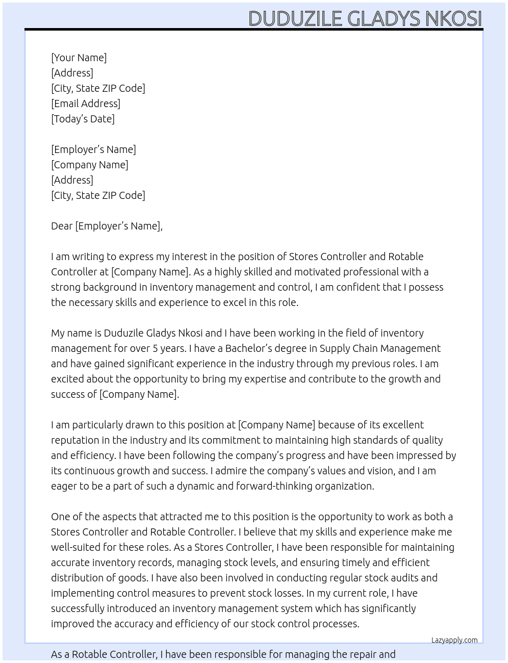 Stores Controller and Rotable Controller At 7508060445082 Cover Letter
