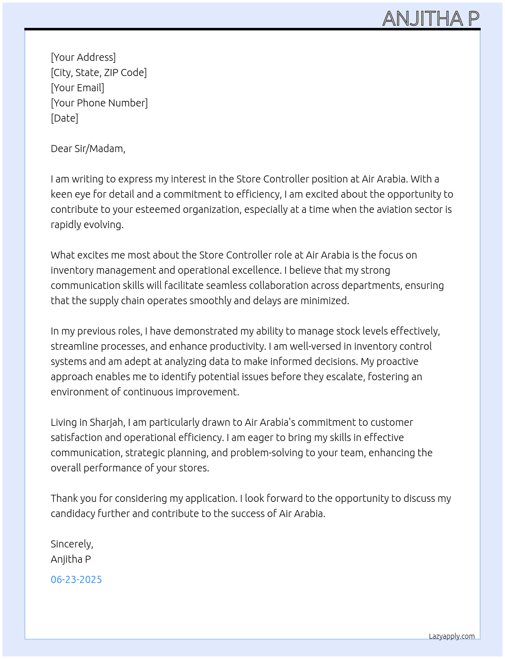 Store controller At AIR ARABIA Cover Letter