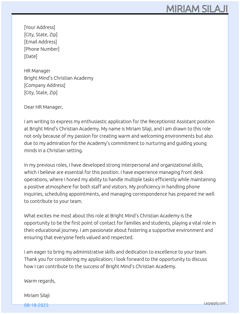 Cover letter for receptionist  assistant - LazyApply