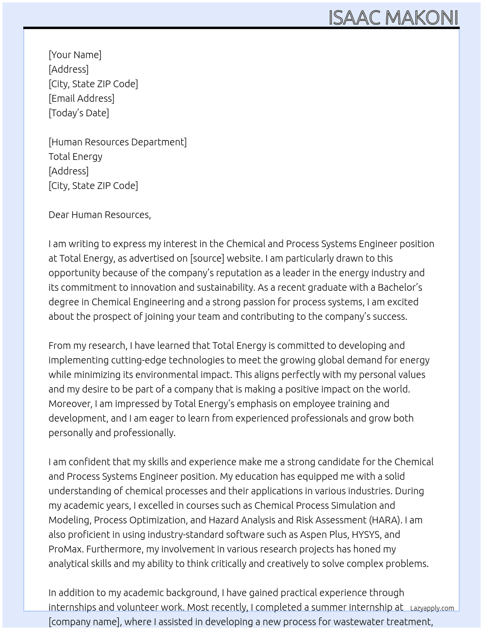 Cover letter for chemical and process systems engineer - LazyApply