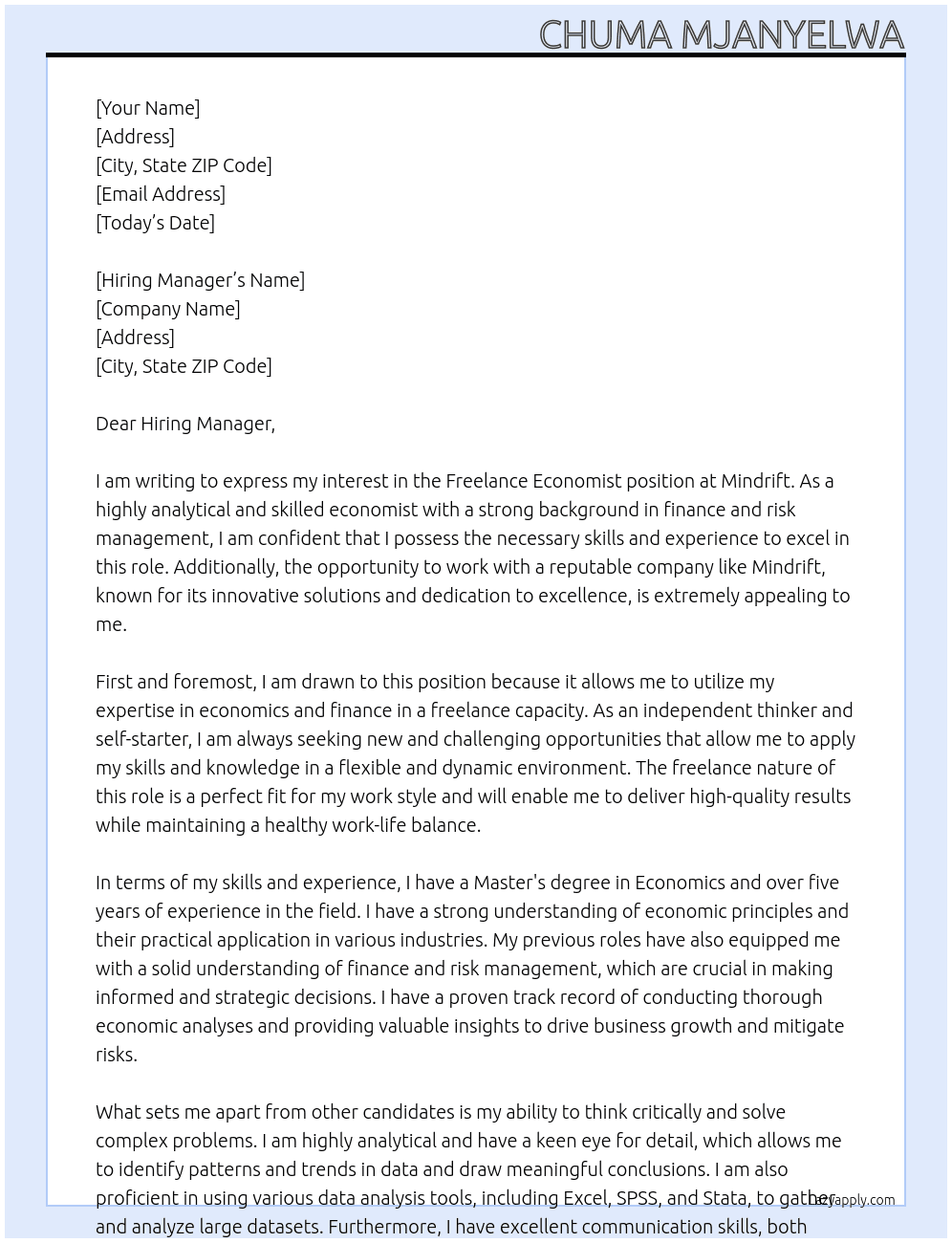 Freelance Economist At Mindrift Cover Letter