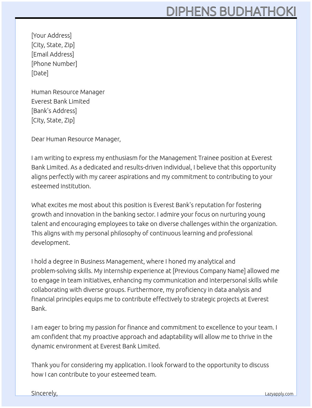 Management Trainee At Everest Bank Limited Cover Letter