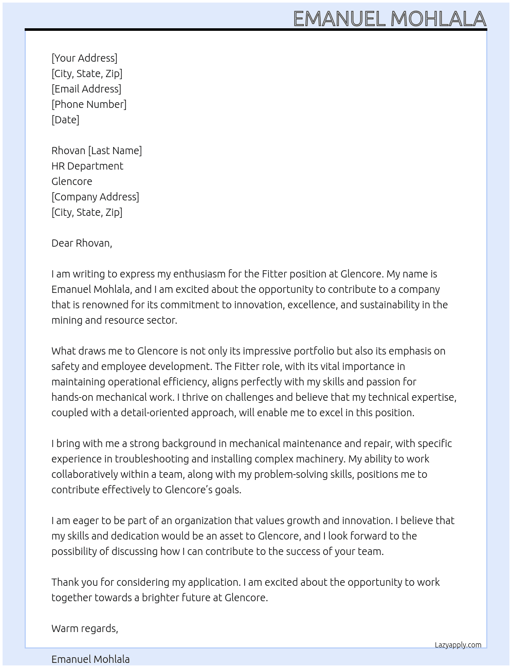 Fitter  At Glencore Cover Letter