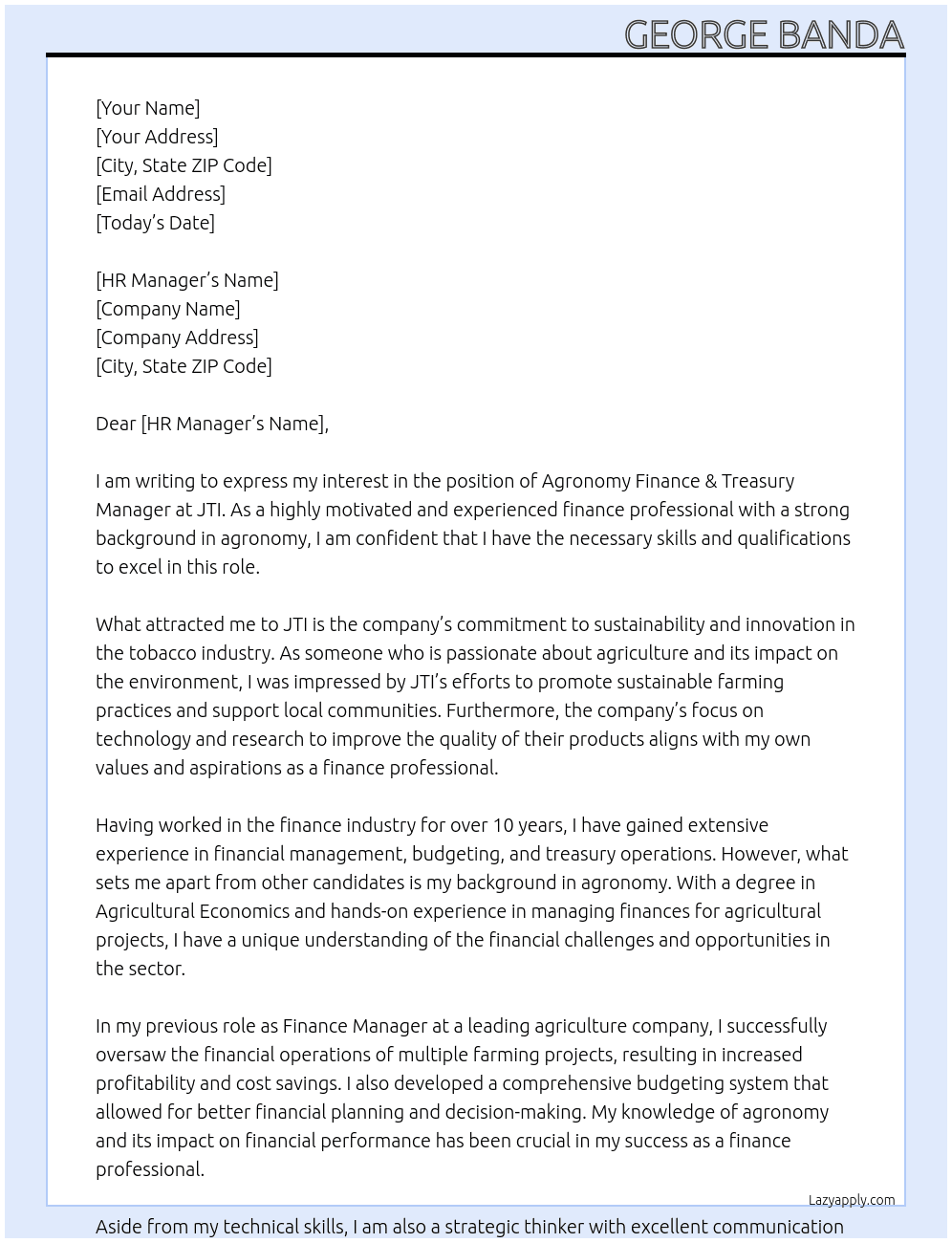 Agronomy Finance & Treasury Manager At JTI. Cover Letter