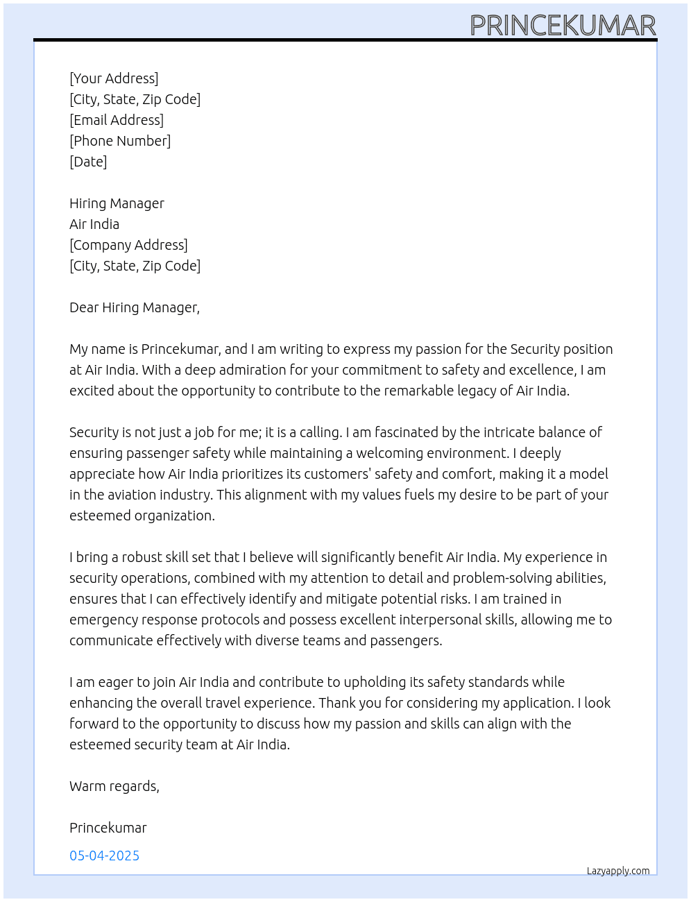Cover letter for i want to do this job in air india and i want to do it in security. - LazyApply