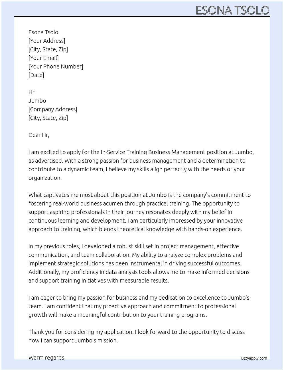In-service training businesses Management  At Jumbo Cover Letter