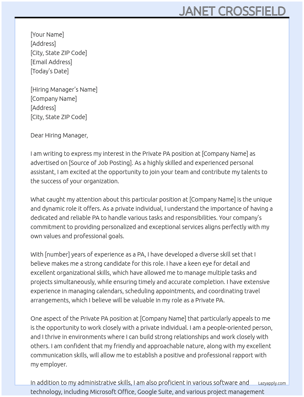 Private PA  At Private individual  Cover Letter
