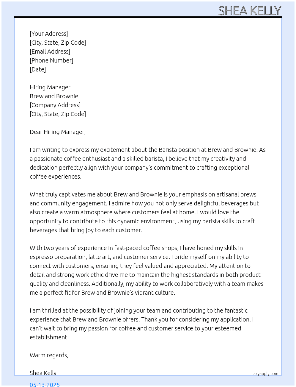 Barista At Brew and Brownie Cover Letter