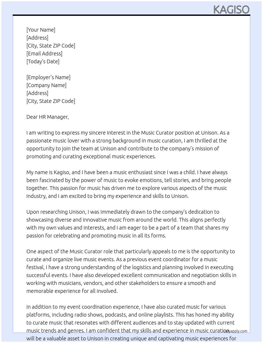Music curator At Unison Cover Letter