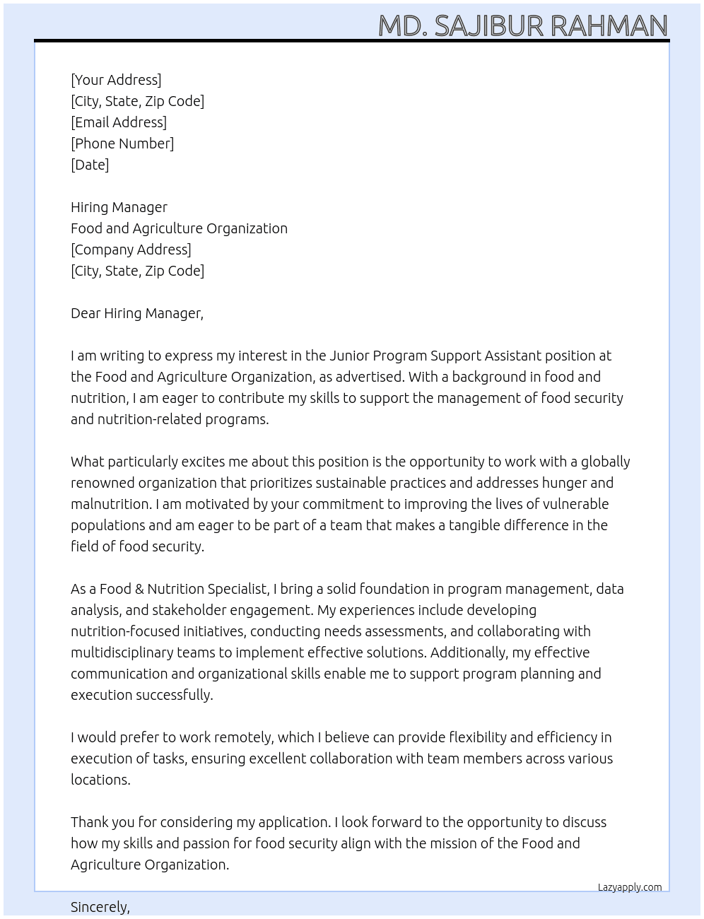 Junior Program Support Assistant At Food and Agriculture Organization Cover Letter