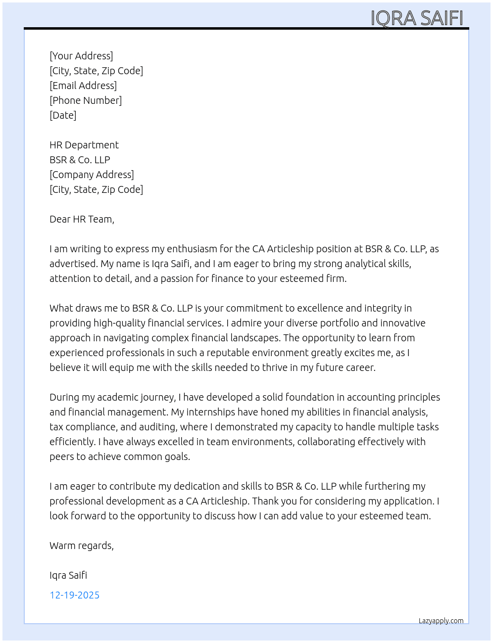 Ca Articleship  At BSR & Co. LLP Cover Letter