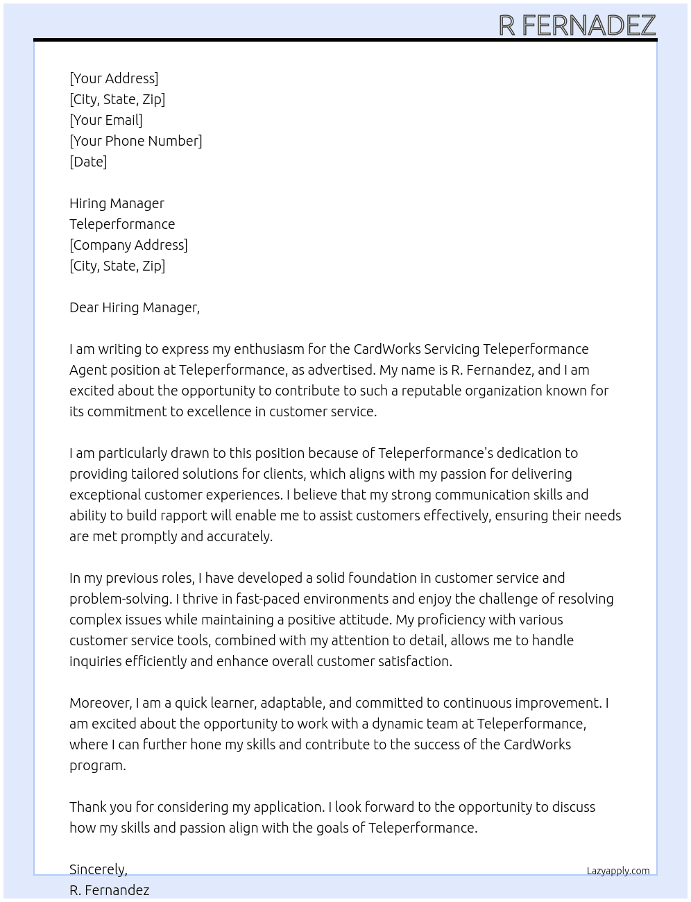 Cover letter for cardworks servicing teleperformannce agent - LazyApply