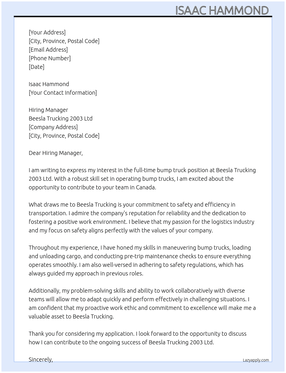 Cover letter for bump truck - LazyApply