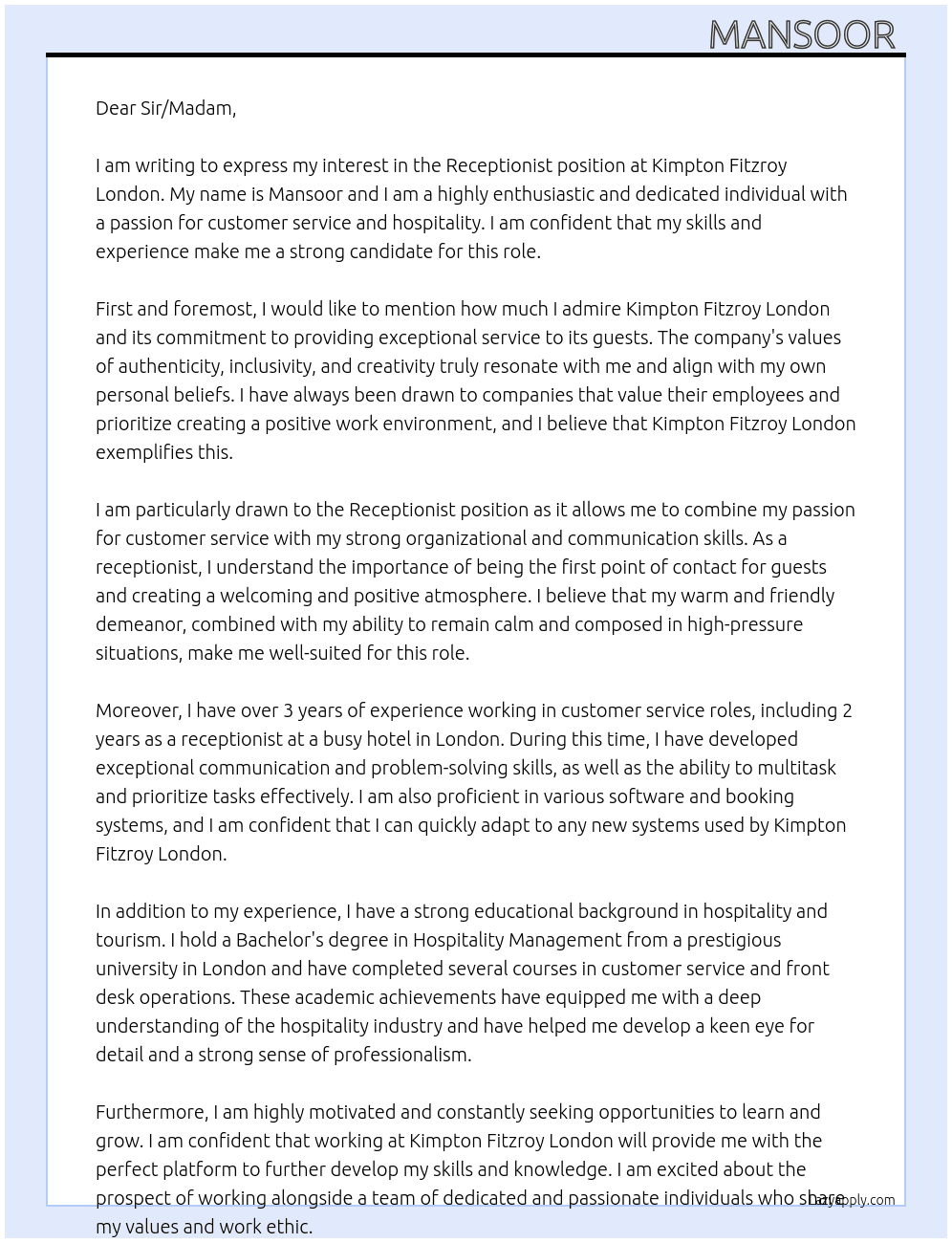 Receptionist  At Kimpton Fitzroy London Cover Letter