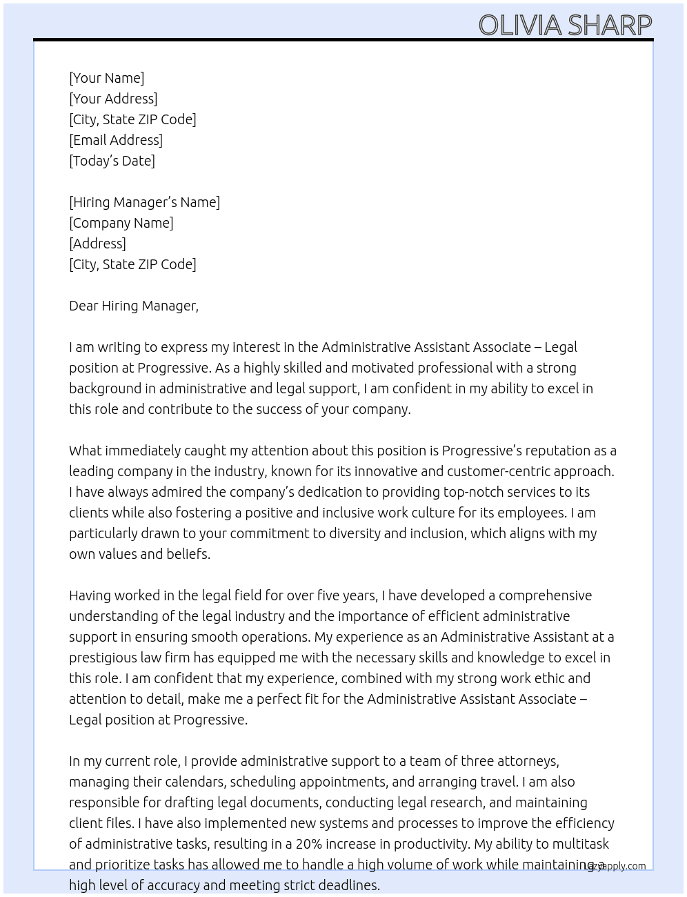 Administrative Assistant Associate - Legal At Progressive Cover Letter