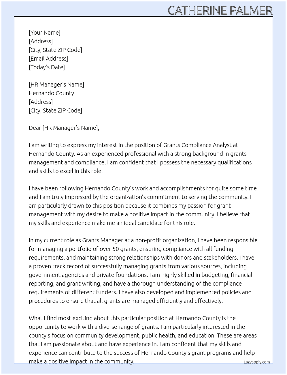 Grants Compliance Analyst At Hernando County Cover Letter