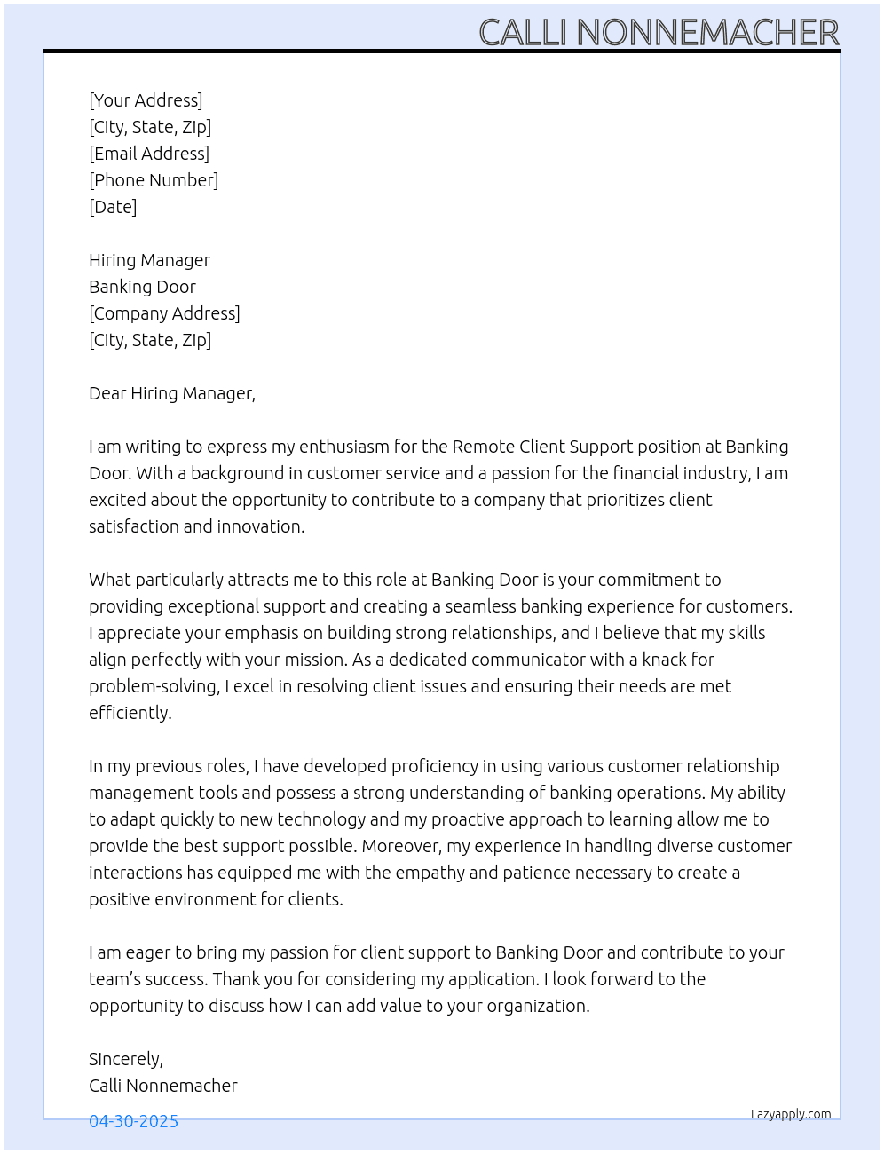 Cover letter for remote client support - LazyApply