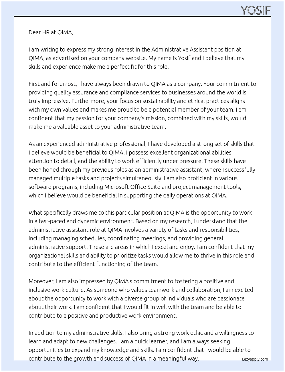 administrative assistant At qima Cover Letter