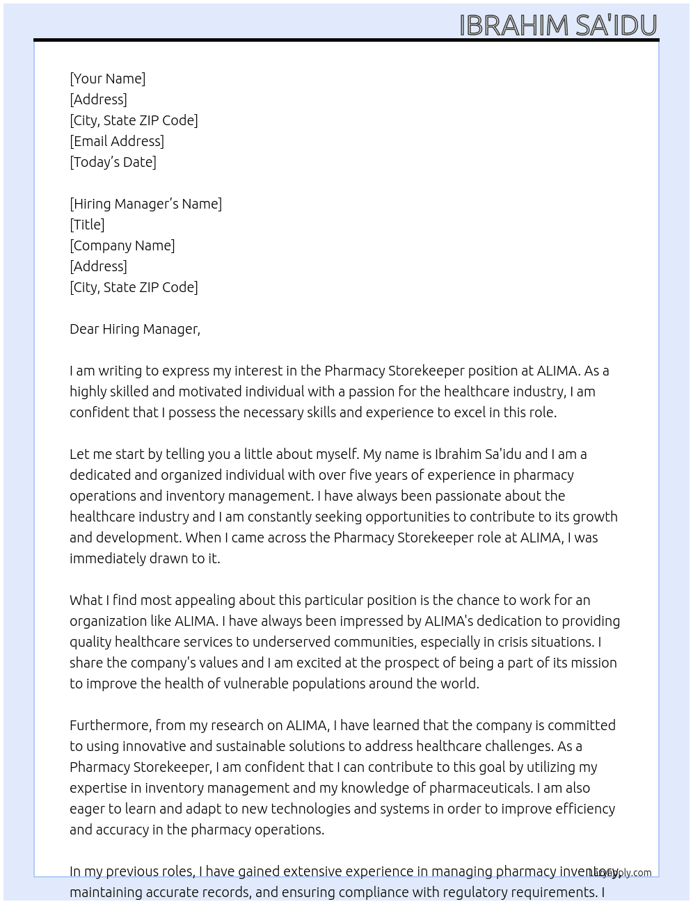 Pharmacy Storekeeper  At ALIMA Cover Letter