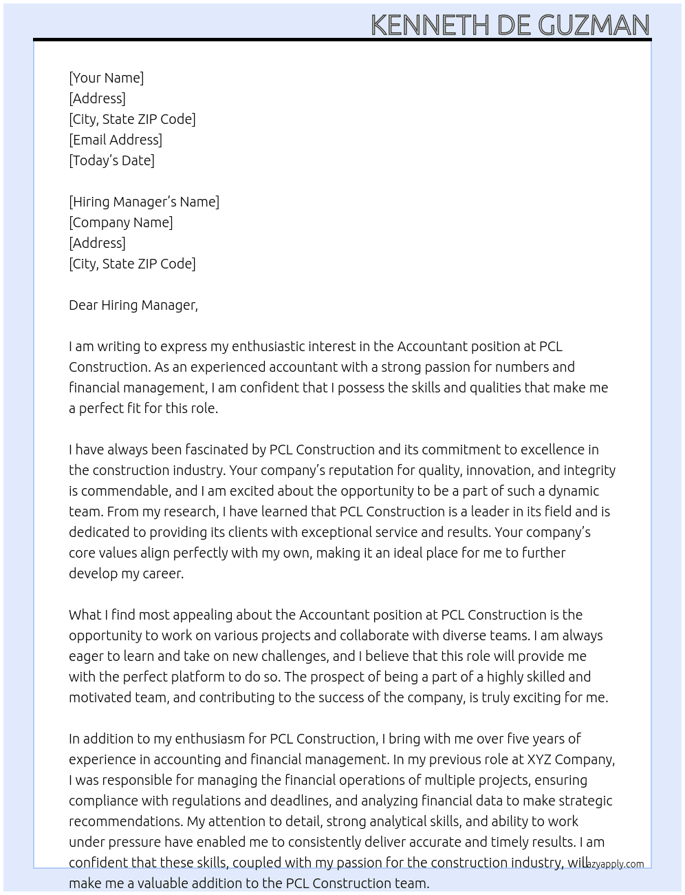 Accountant At PCL Construction  Cover Letter