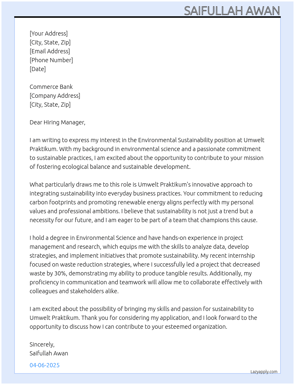 Environmental Sustainibility At Umwelt Praktikum Cover Letter