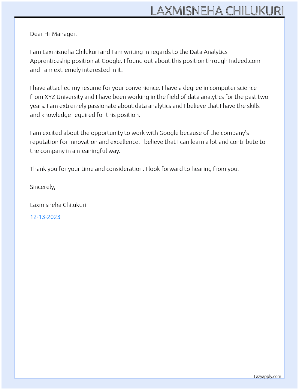 Data Analytics Apprenticeship At google Cover Letter