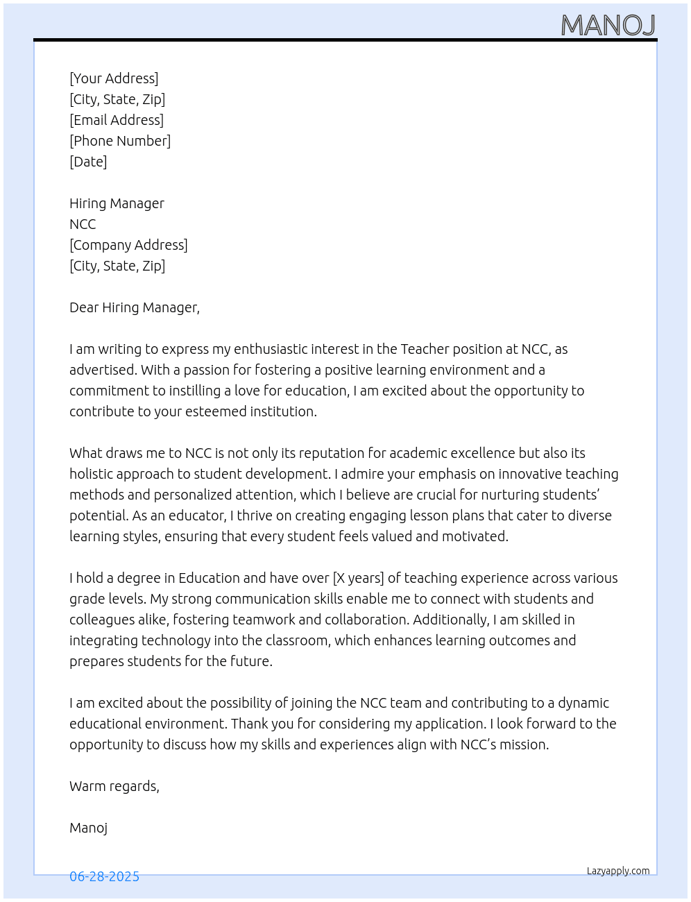 Teacher At NCC Cover Letter