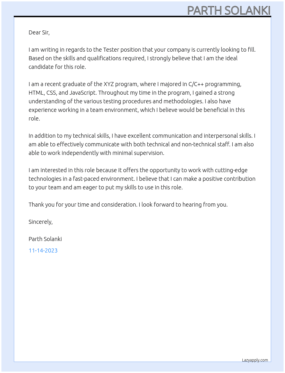 Tester  At Channai , tamilnadu , india  Cover Letter