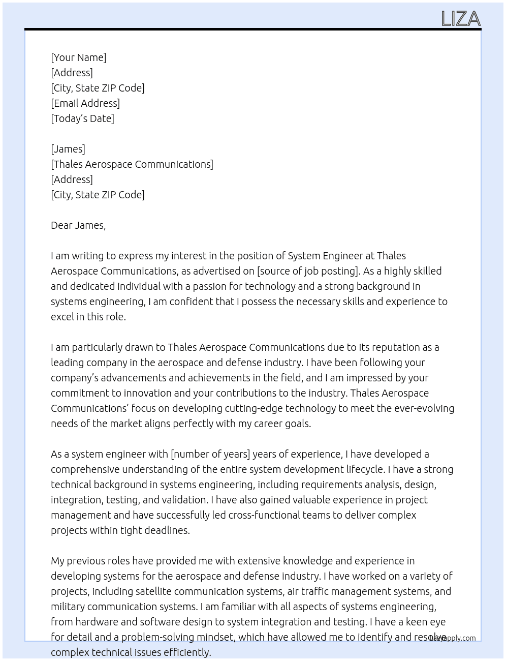 System Engineer At Thales Aerospace Communications Cover Letter