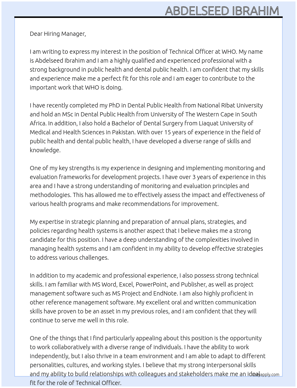 Technical Officer  At WHO  Cover Letter