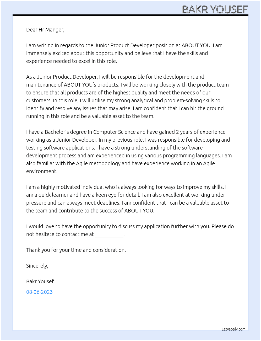Junior Product Developer At ABOUT YOU Cover Letter