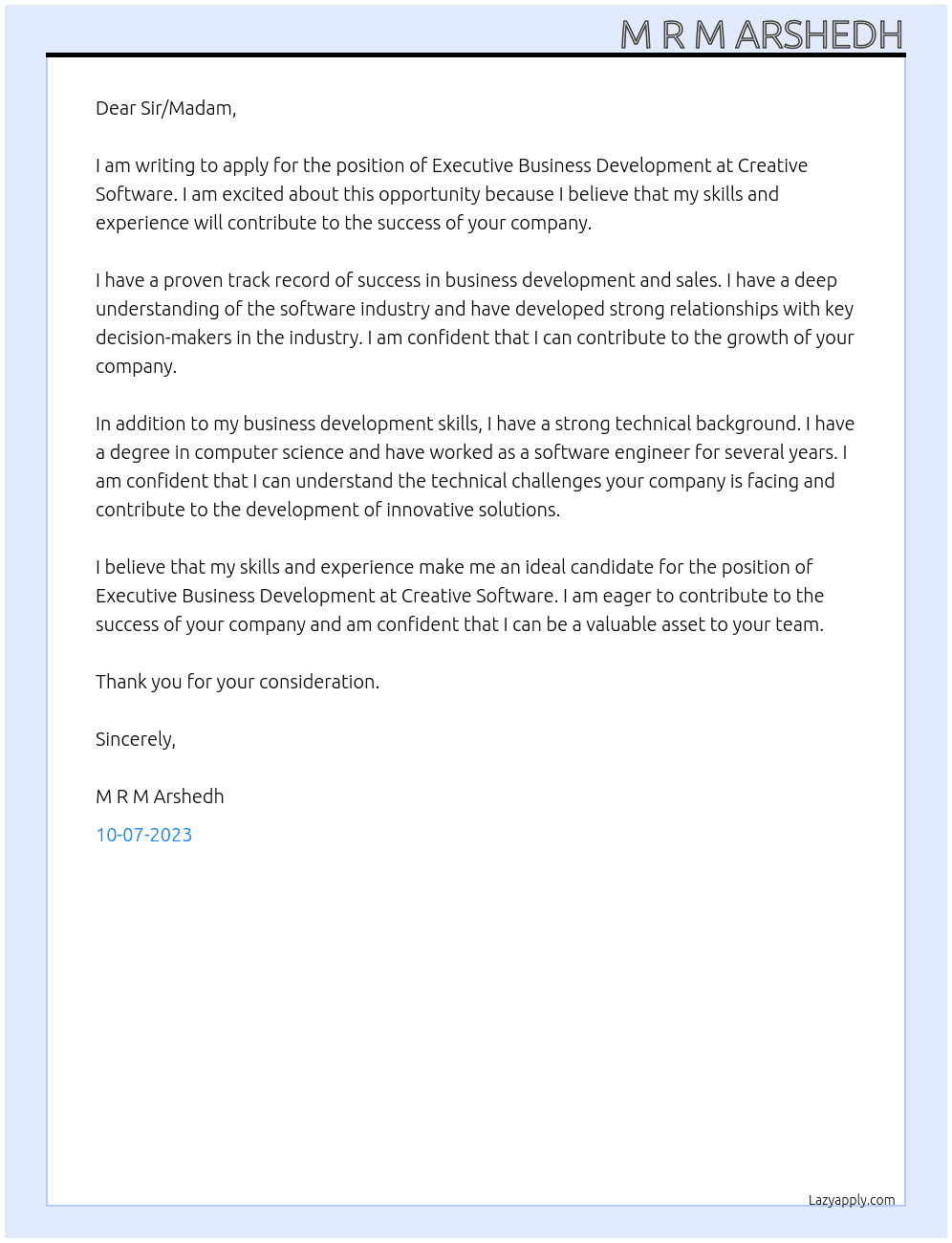 Executive Business Development At Creative Software Cover Letter