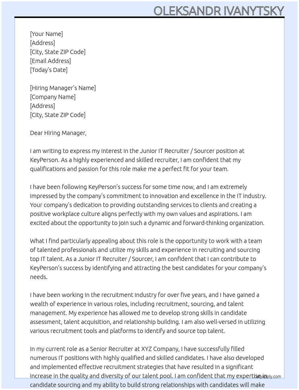 Junior IT Recruiter / Sourcer At KeyPerson Cover Letter