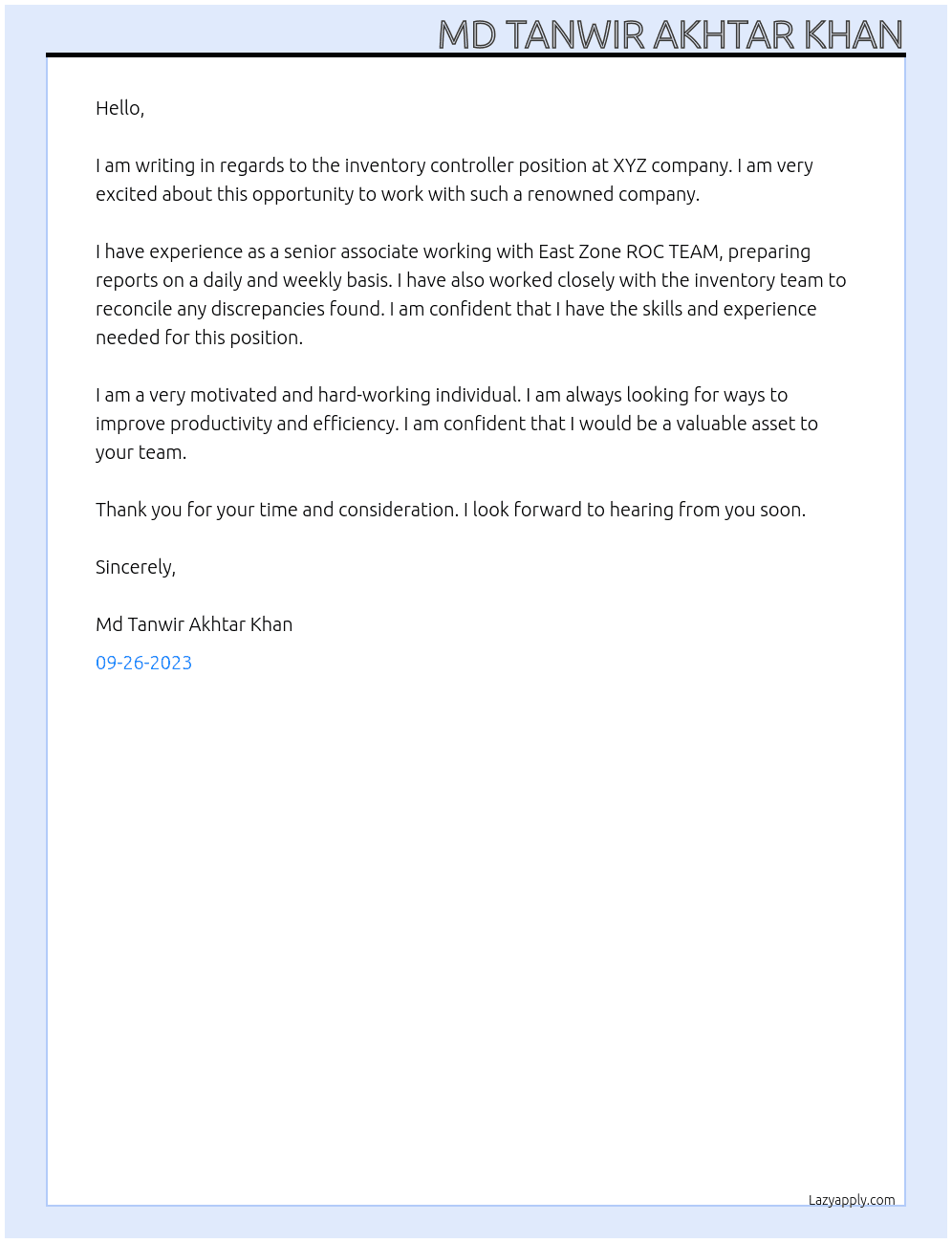 Inventory controller  At Xyz company  Cover Letter