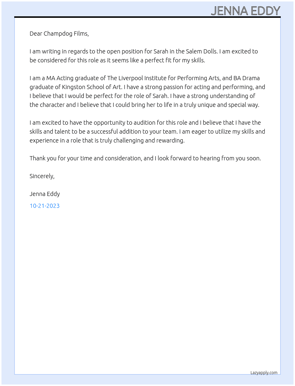 Salem Dolls At Champdog Films Cover Letter