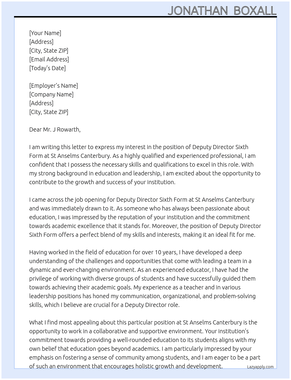 DEPUTY DIRECTOR SIXTH FORM At St Anselms Canterbury  Cover Letter